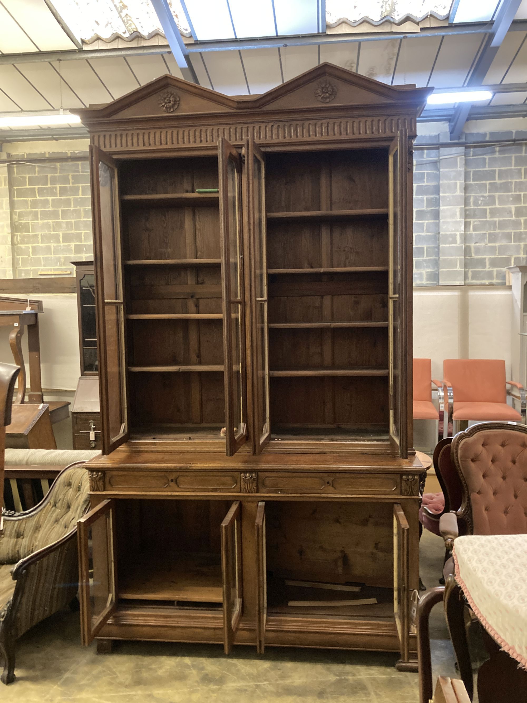 A Victorian oak library bookcase, length 160cm, depth 54cm, height 280cm